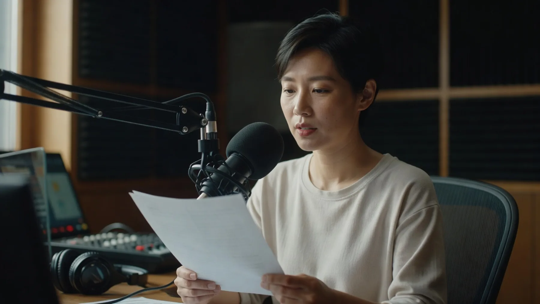 마이크 앞에서 종이를 읽는 진행자